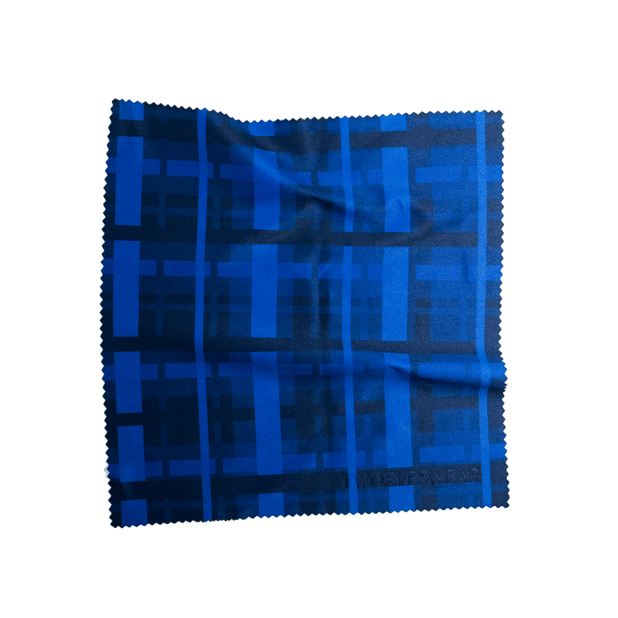 Cobalt Plaid microfiber lens cloth laid flat, Cobalt Blue tartan check print
