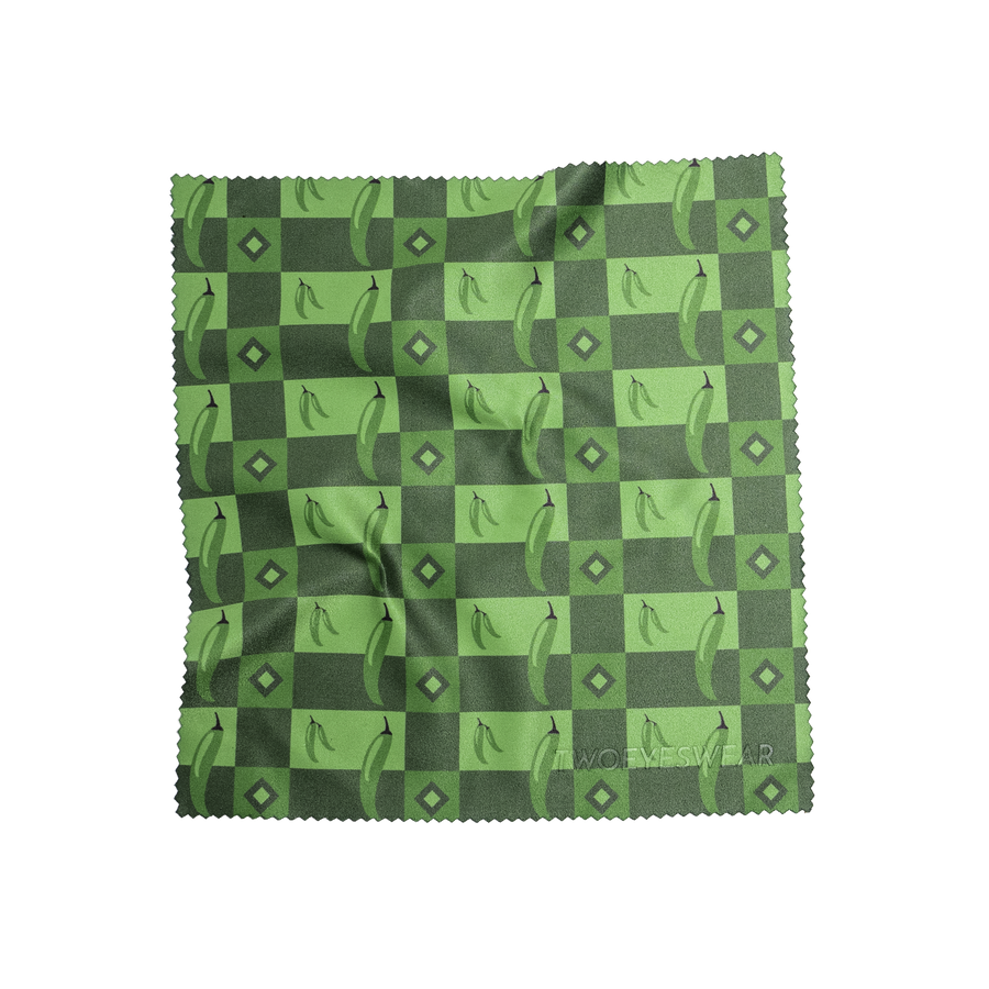 Olive Grove microfiber lens cloth laid flat, two tone Olive Green checkerboard with botanical motifs