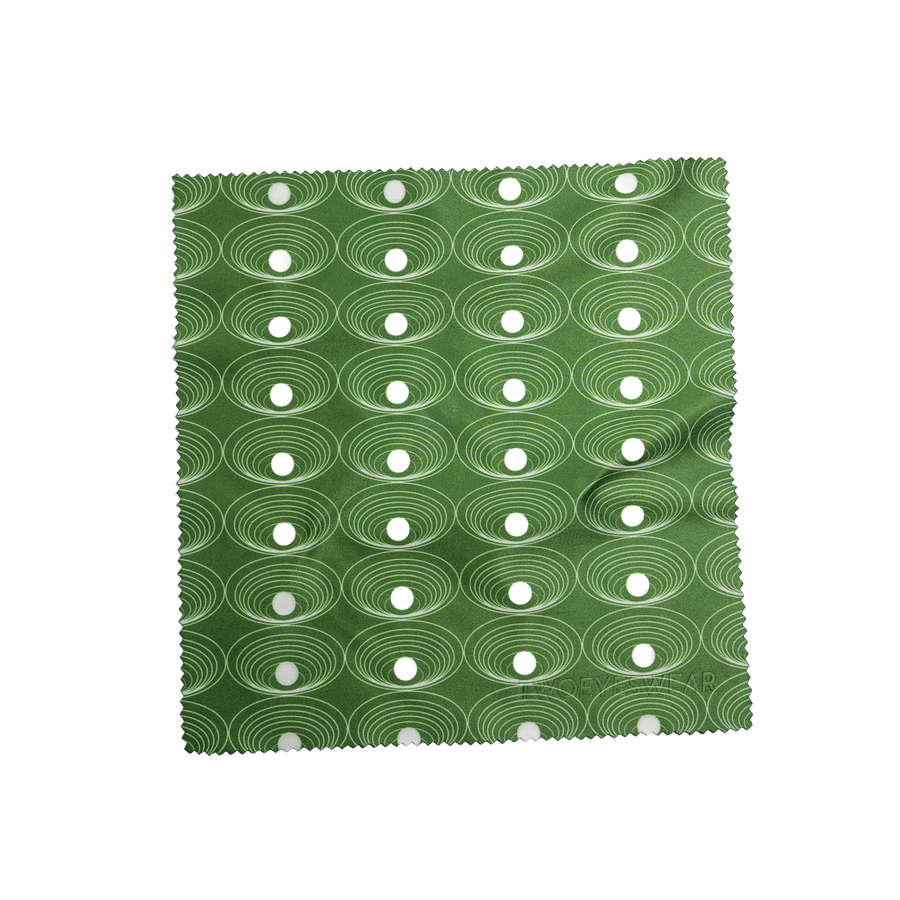 Olive Ripple microfiber lens cloth laid flat, concentric ripple and dot print on Olive Green