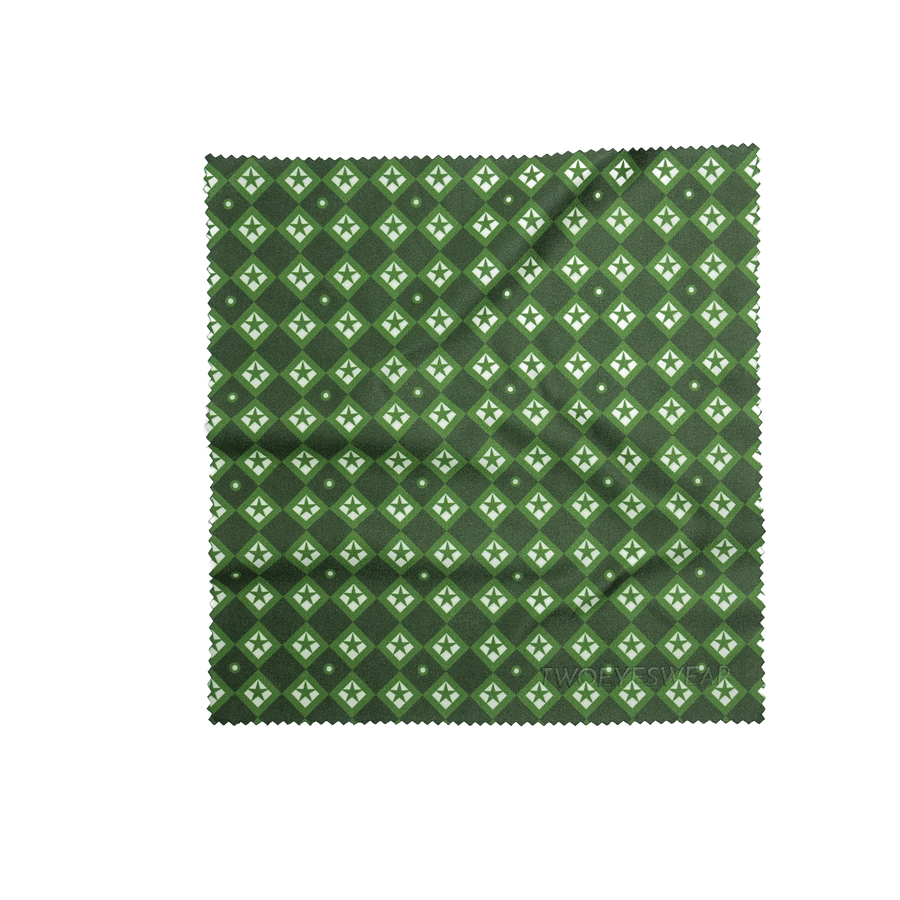 Olive Bloom microfiber lens cloth laid flat, small white floral motif on Olive Green